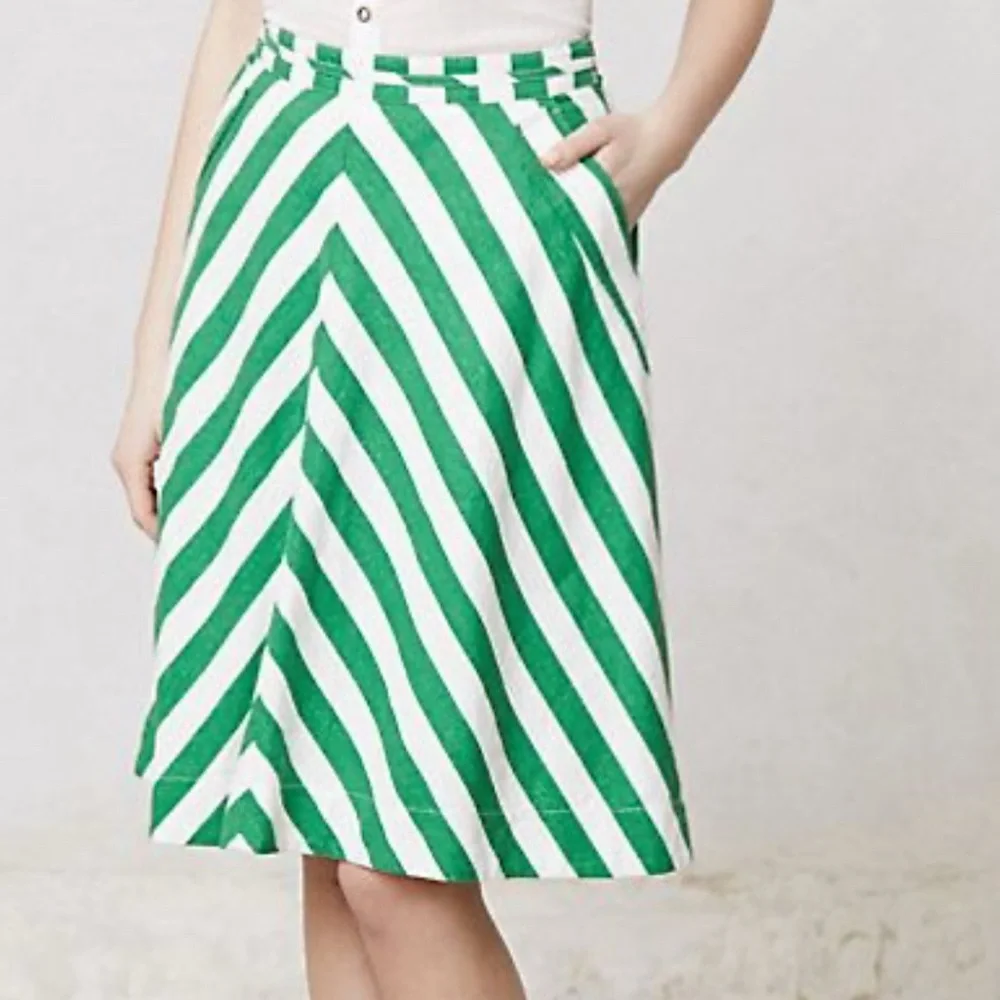 9-H15 STCL by Anthropologie A-Line Skirt Pockets Chevron Print Green/White 6